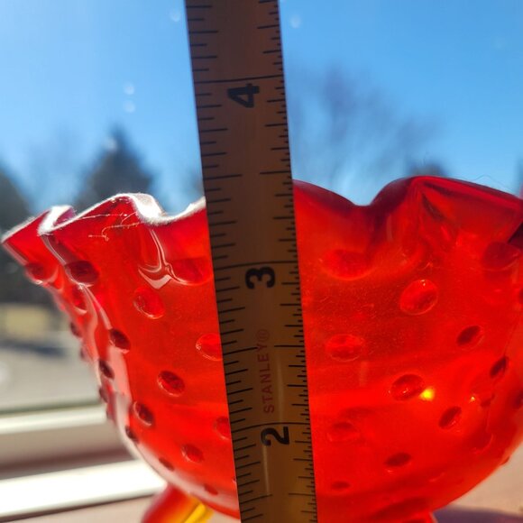 Vintage Fenton Red Glass Hobnail Footed Bowl With Ruffled Edge - Picture 5 of 6